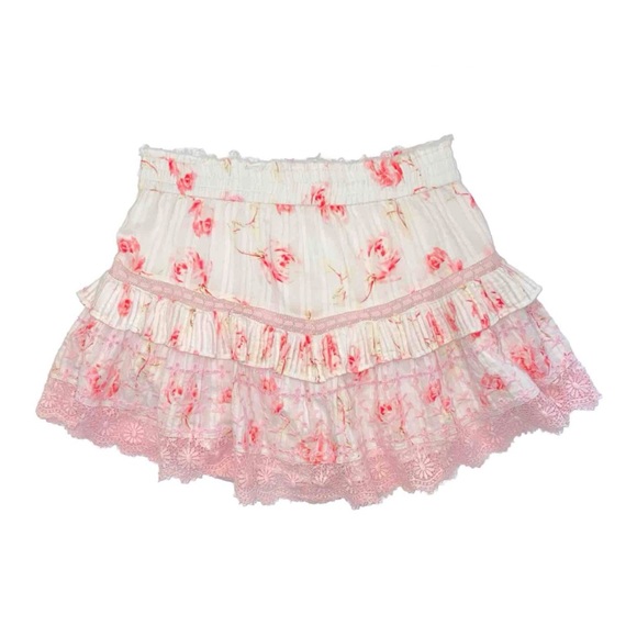 LOVESHACKFANCY white pink rose floral print ruffle eyelet lace mini skirt - Picture 2 of 8